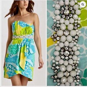Lilly Pulitzer Crystal Strapless Lagoon Green Summer Nights Jeweled Dress Sz 10